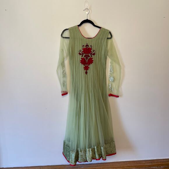 Churidar M long sleeve Indian maxi dress chiffon floral embroidered green sheer - Picture 4 of 6